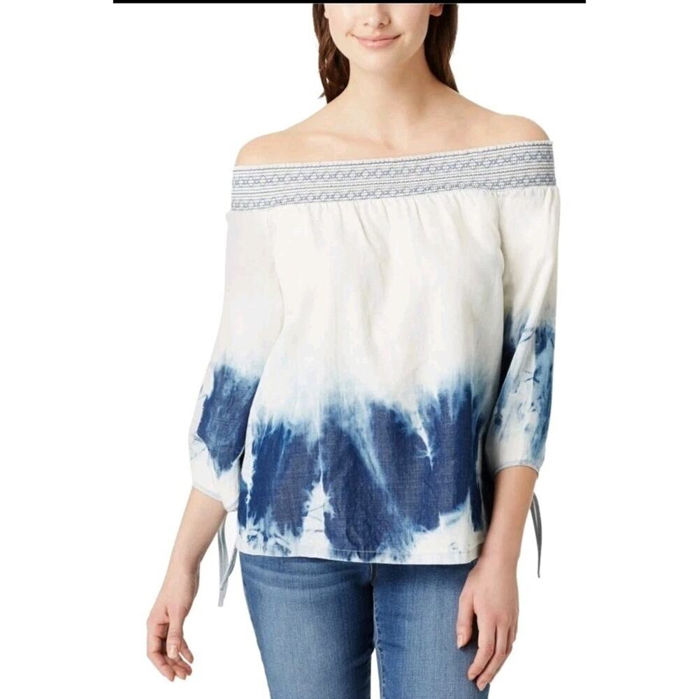 Vintage America Blues Tie-Dye Off-The-Shoulder Peasant Top Small, White Boho NWT